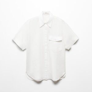 Mango White Short-Sleeve Linen Button-Down Shirt